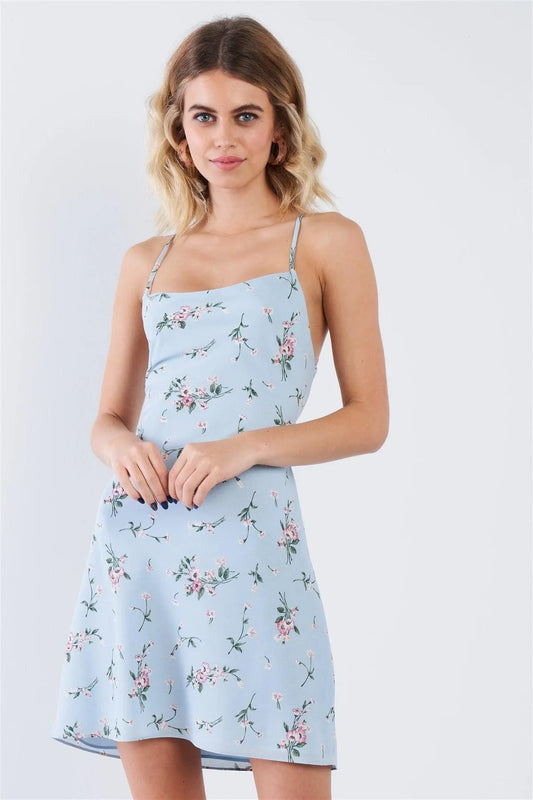 Sky Blue Floral Open Back Mini Dress /3-2-1 - Tasha Apparel Wholesale