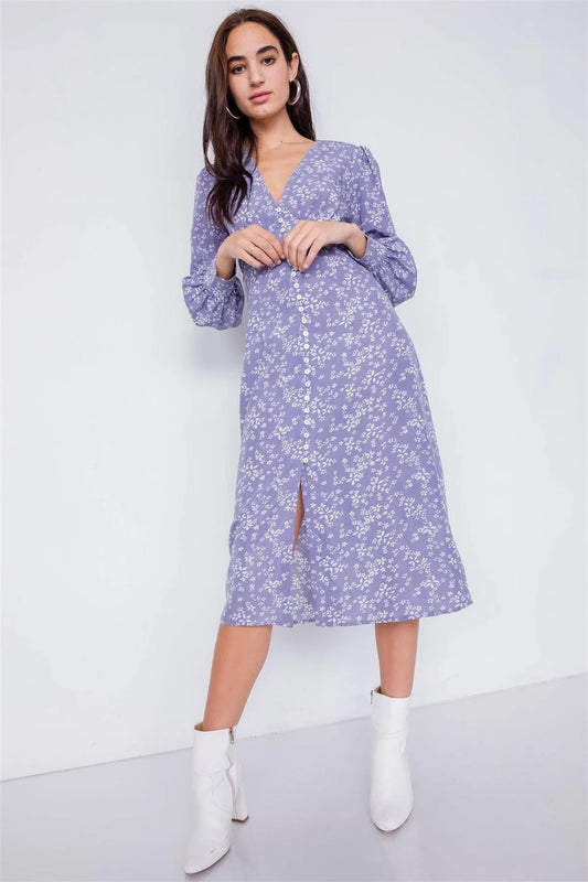 Lavender White Modern Floral Mid Center Slit Chic Midi Dress /3-2-1 - Tasha Apparel Wholesale