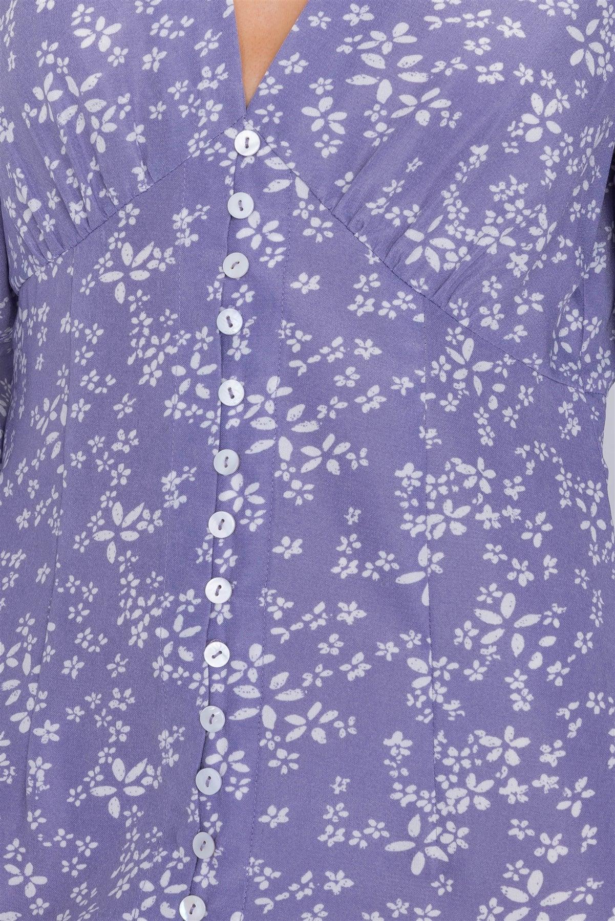 Lavender White Modern Floral Mid Center Slit Chic Midi Dress  /3-2-1