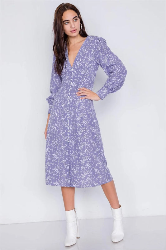 Lavender White Modern Floral Mid Center Slit Chic Midi Dress /4-2-1 - Tasha Apparel Wholesale