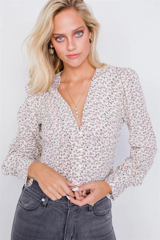 Vintage Cream Puff Sleeve Floral Print Chic Crop Top /3-2-1 - Tasha Apparel Wholesale