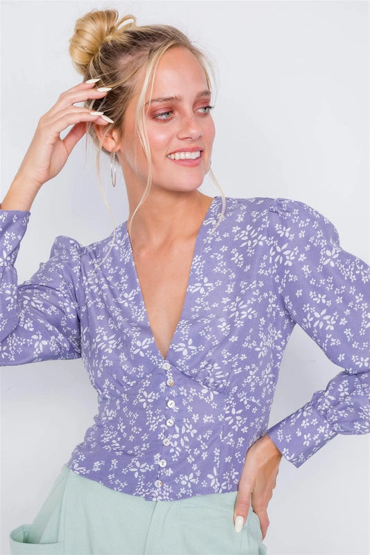 Vintage Lavender Puff Sleeve Floral Print Chic Crop Top /3-2-1 - Tasha Apparel Wholesale