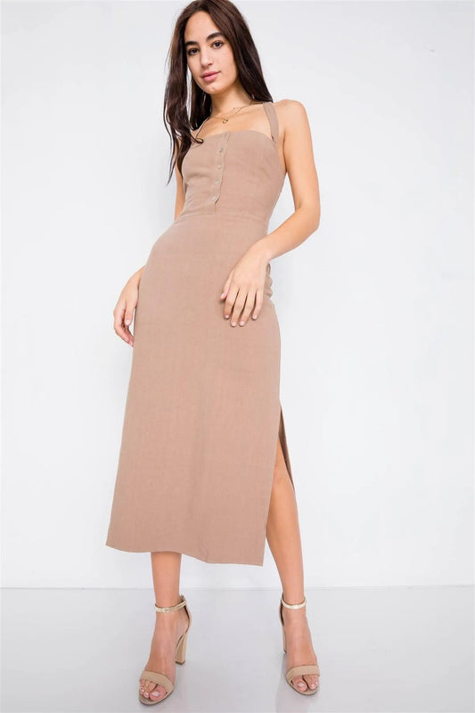 Khaki Linen Lace-Up Open Back Midi Slit Casual Chic Dress /3-2-1 - Tasha Apparel Wholesale