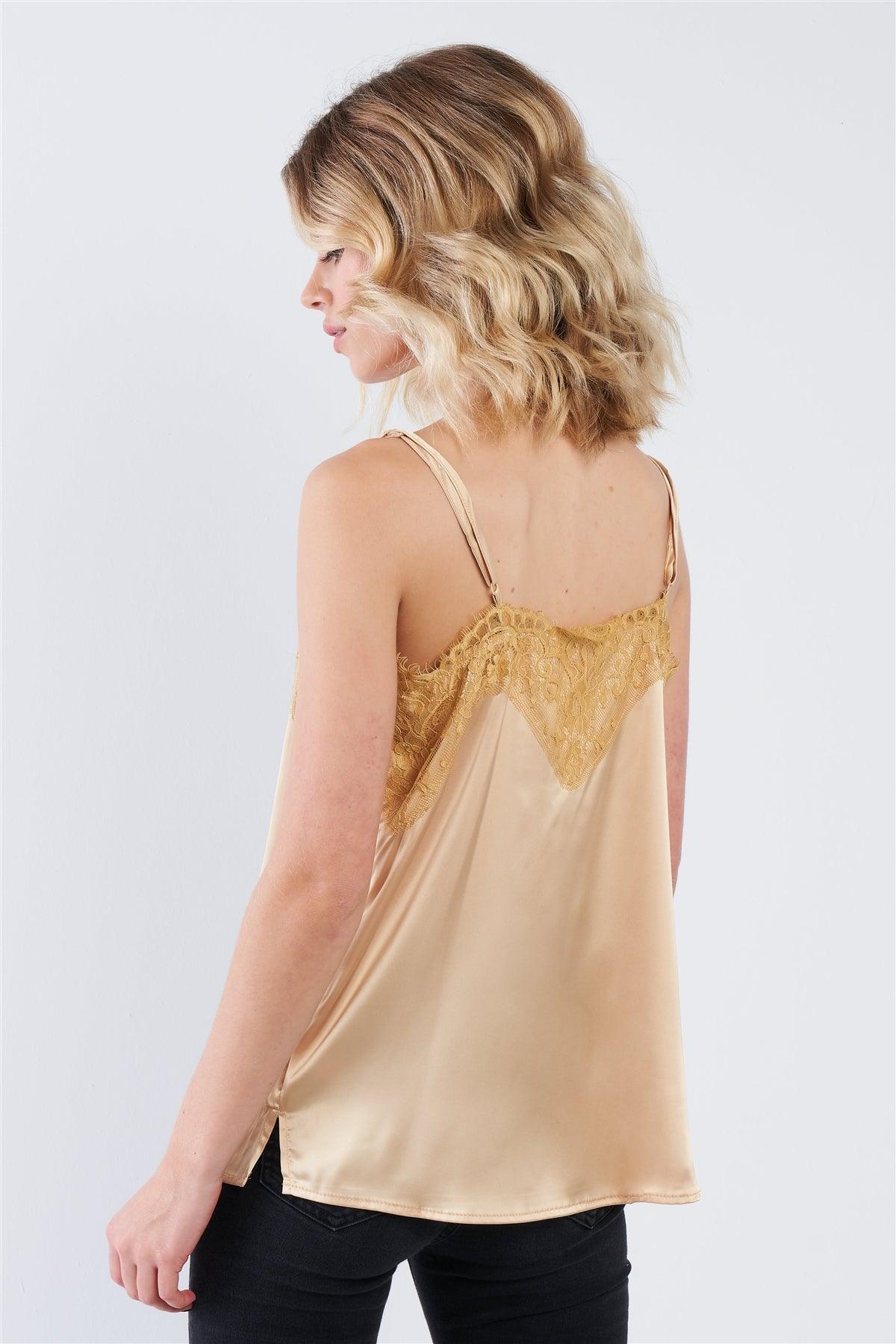 Golden Yellow Satin Lace V-Neck Adjustable Cami Top