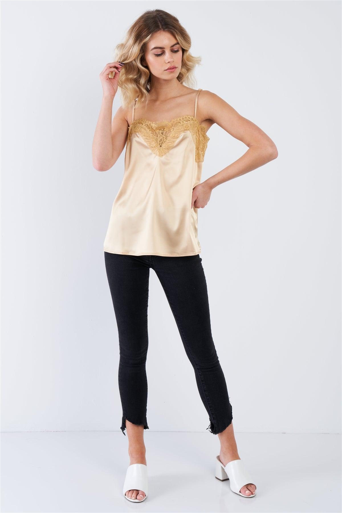 Golden Yellow Satin Lace V-Neck Adjustable Cami Top