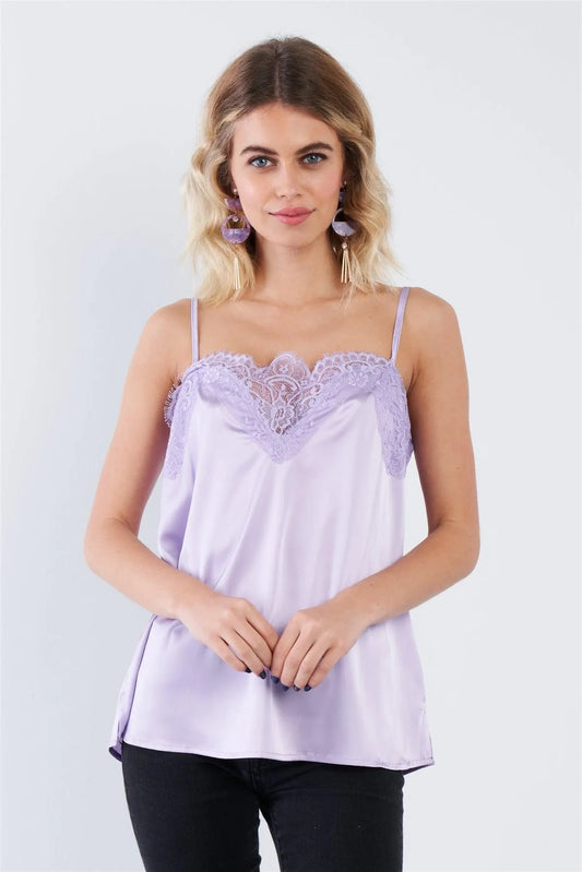 Lavender Satin Lace V-Neck Adjustable Cami Top - Tasha Apparel Wholesale