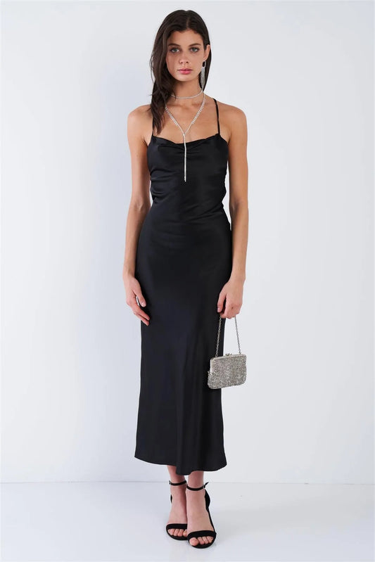 Black Satin Criss Cross Open Back Classic Midi Dress /3-2-1 - Tasha Apparel Wholesale