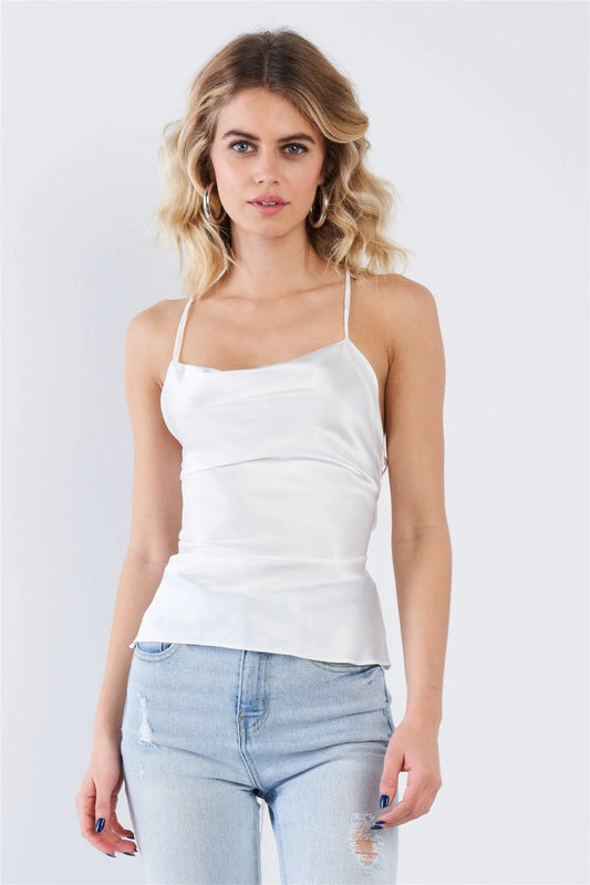 Off-White Silk Criss-Cross Open Back Retro Chic Top /3-2-1 - Tasha Apparel Wholesale