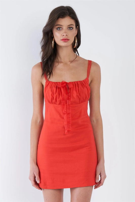 Blood Orange Red Sheer Ribbon Adjustable Strap Open Back Mini Chic Dress /3-2-1 - Tasha Apparel Wholesale