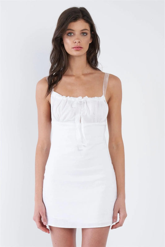 Off-White Sheer Ribbon Adjustable Strap Open Back Mini Chic Dress /3-2-1 - Tasha Apparel Wholesale