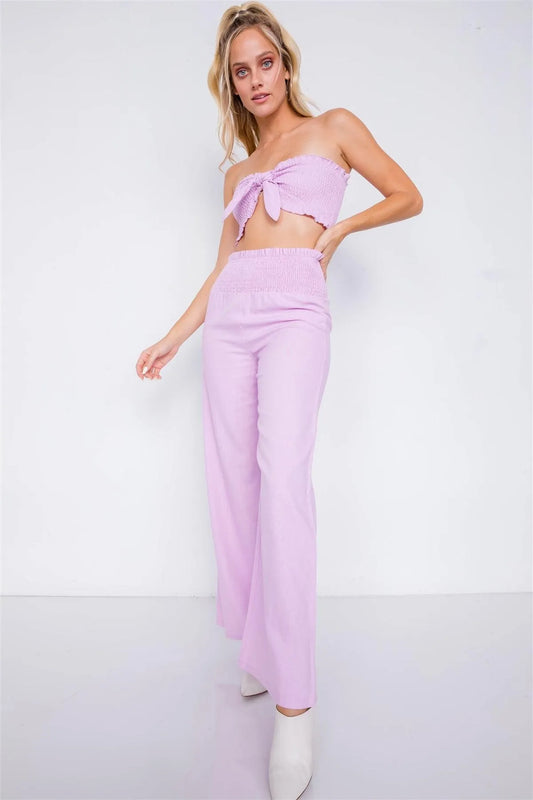 Lavender Cotton Bow Ruched Bandeau & Vintage High-Waist Ruffle Trim Pant Set /3-2-1 - Tasha Apparel Wholesale