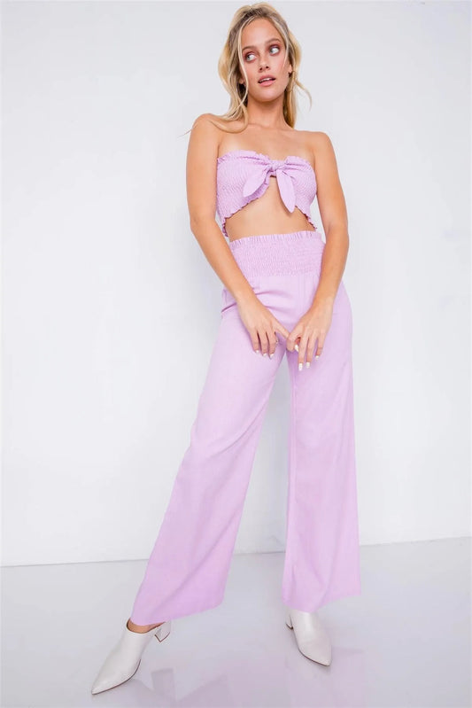 Lavender Cotton Bow Ruched Bandeau & Vintage High-Waist Ruffle Trim Pant Set /4-2-1 - Tasha Apparel Wholesale