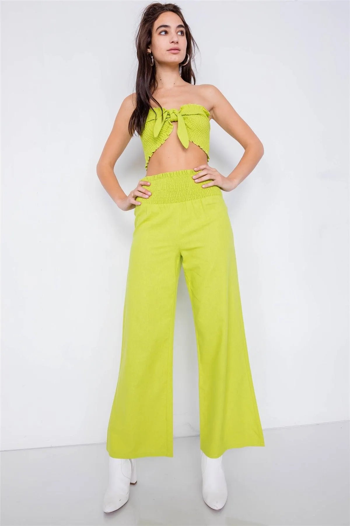 Lime Cotton Cotton Bow Ruched Bandeau & Vintage High-Waist Ruffle Trim Pant Set /3-2-1 - Tasha Apparel Wholesale