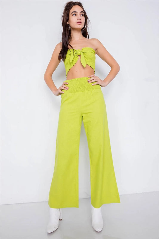 Lime Cotton Cotton Bow Ruched Bandeau & Vintage High-Waist Ruffle Trim Pant Set /3-2-1 - Tasha Apparel Wholesale