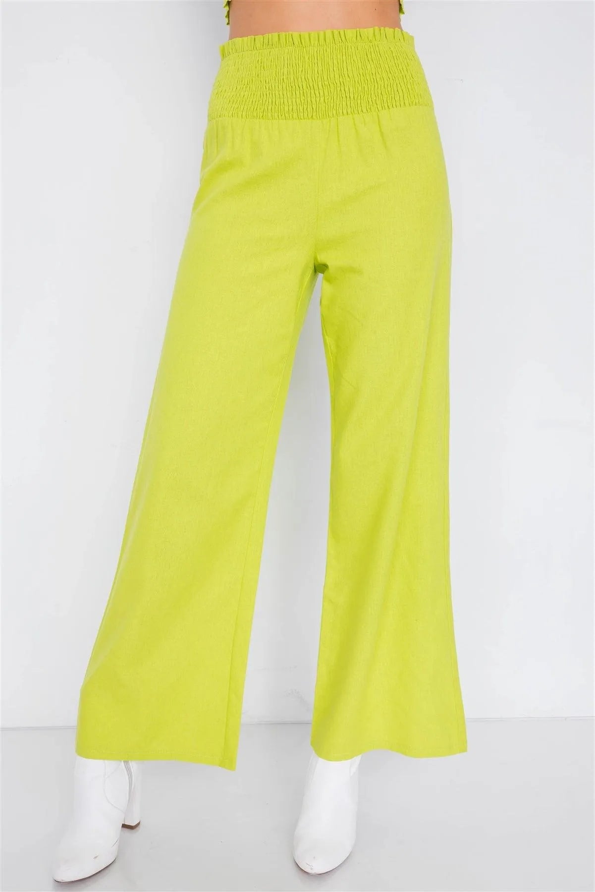 Lime Cotton Cotton Bow Ruched Bandeau & Vintage High-Waist Ruffle Trim Pant Set /3-2-1 - Tasha Apparel Wholesale