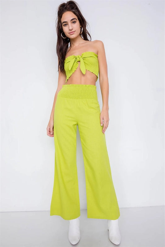Lime Cotton Cotton Bow Ruched Bandeau & Vintage High-Waist Ruffle Trim Pant Set /4-2-1 - Tasha Apparel Wholesale