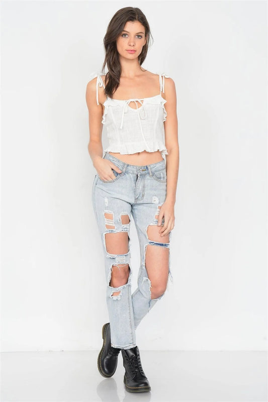 Off-White Cotton Self Tie Cami Strap Center Bow Cut Out Top /2-1-1 - Tasha Apparel Wholesale