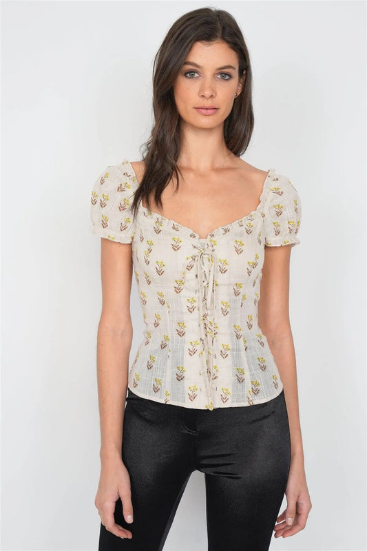 Ecru Vintage Floral Detail Scoop Neck Cap Puff Short Sleeve Top /3-2-1 - Tasha Apparel Wholesale