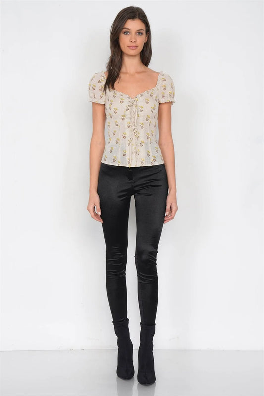 Ecru Vintage Floral Detail Scoop Neck Cap Puff Short Sleeve Top /4-2-1 - Tasha Apparel Wholesale