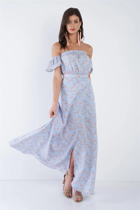 Sky Blue Boho Floral Off-The-Shoulder Maxi Dress /3-2-1 - Tasha Apparel Wholesale