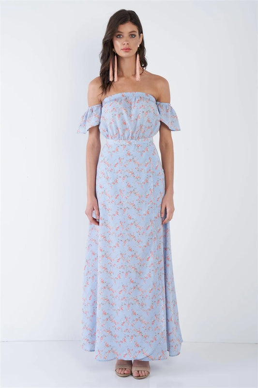 Sky Blue Boho Floral Off-The-Shoulder Maxi Dress /4-2-1 - Tasha Apparel Wholesale