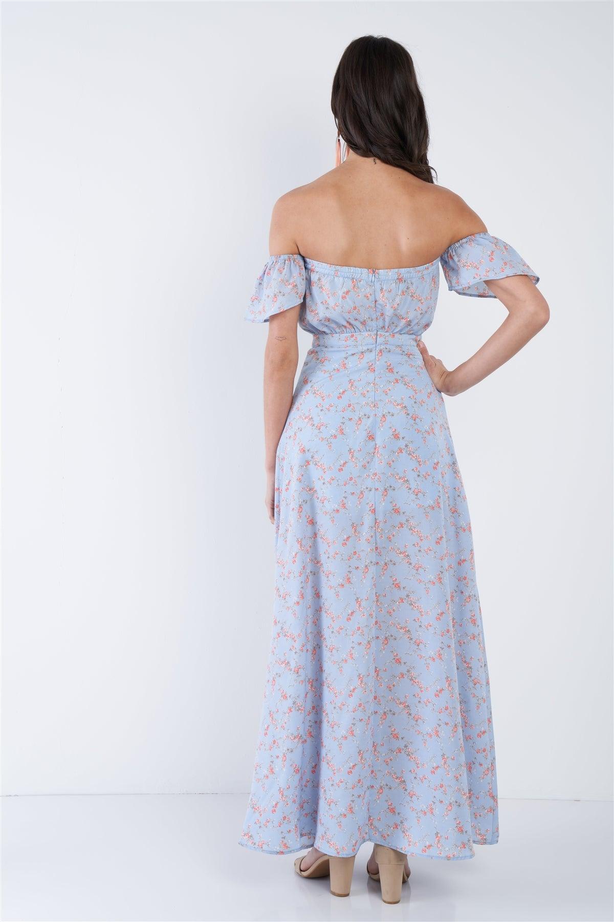 Sky Blue Boho Floral Off-The-Shoulder Maxi Dress   /4-2-1