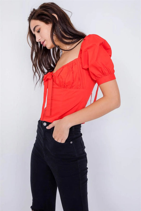 Blood Orange Sweetheart Neckline Puff Sleeve Open Bow Back Cotton Top /4-2-1 - Tasha Apparel Wholesale