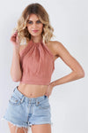 Dark Rose Pink Boho Halter Open Back Crop Top /3-2-1 - Tasha Apparel Wholesale