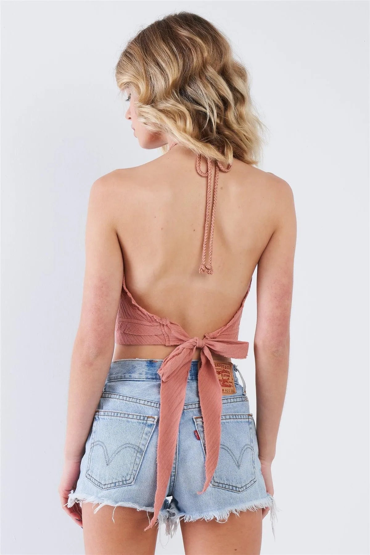Dark Rose Pink Boho Halter Open Back Crop Top /3-2-1 - Tasha Apparel Wholesale