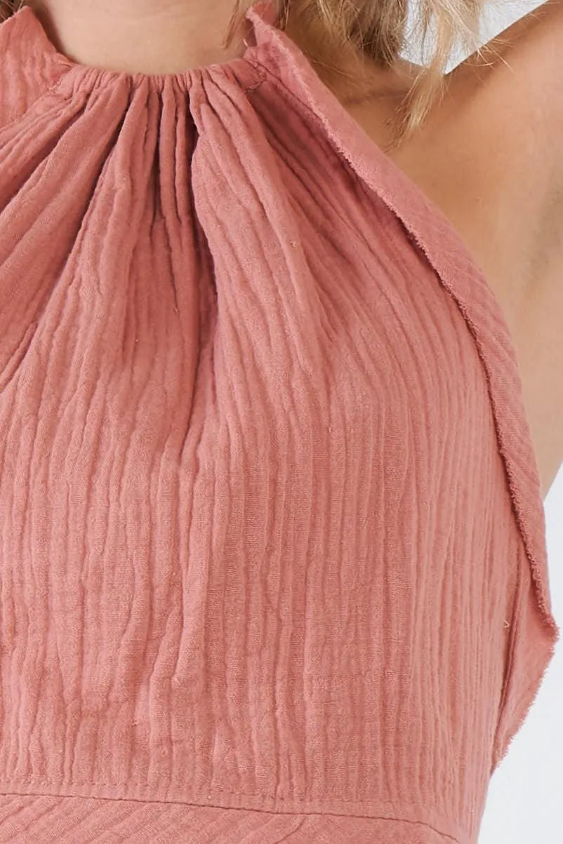 Dark Rose Pink Boho Halter Open Back Crop Top /3-2-1 - Tasha Apparel Wholesale