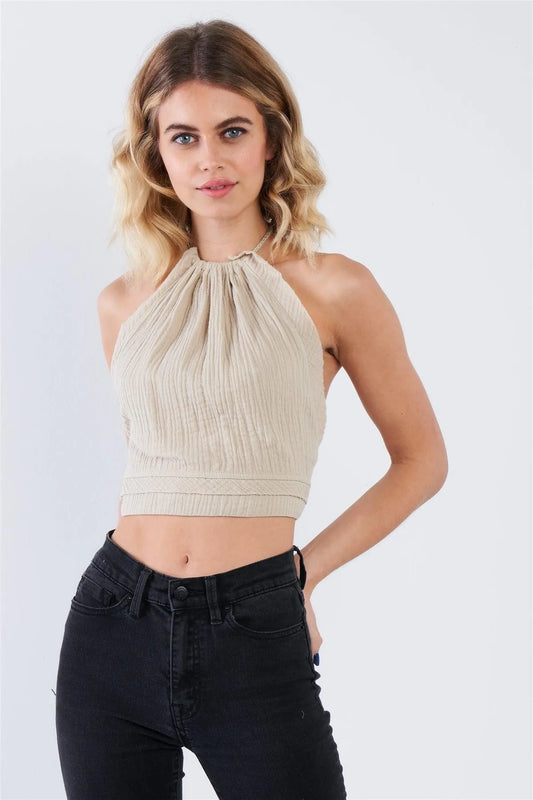 Oatmeal Boho Halter Open Back Crop Top /3-2-1 - Tasha Apparel Wholesale