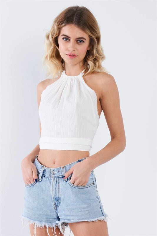 Off-White Boho Halter Open Back Crop Top /3-2-1 - Tasha Apparel Wholesale