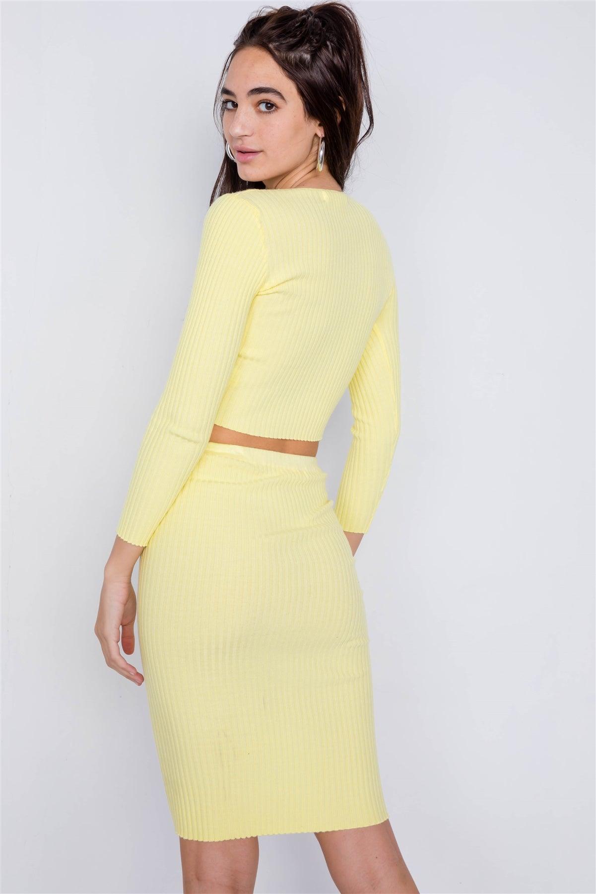 Yellow Ribbed Ruched Draw String Crop Top & Mini Skirt Bodycon Set /3-2-1