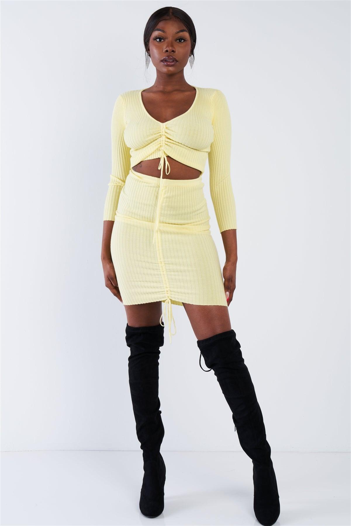 Yellow Ribbed Ruched Draw String Crop Top & Mini Skirt Bodycon Set /3-2-1