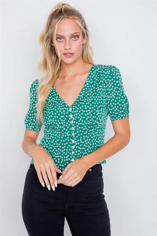 Green White Floral Chic Short Cinched Sleeve V-Neck Top /2-2-1 - Tasha Apparel Wholesale