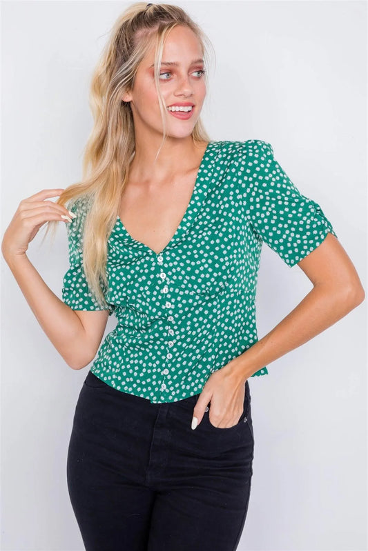 Green White Floral Chic Short Cinched Sleeve V-Neck Top /3-2-1 - Tasha Apparel Wholesale