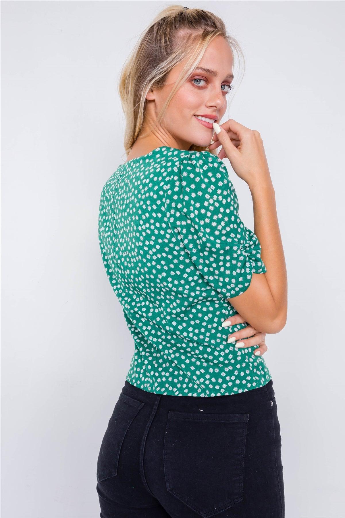 Green White Floral Chic Short Cinched Sleeve V-Neck Top  /3-2-1