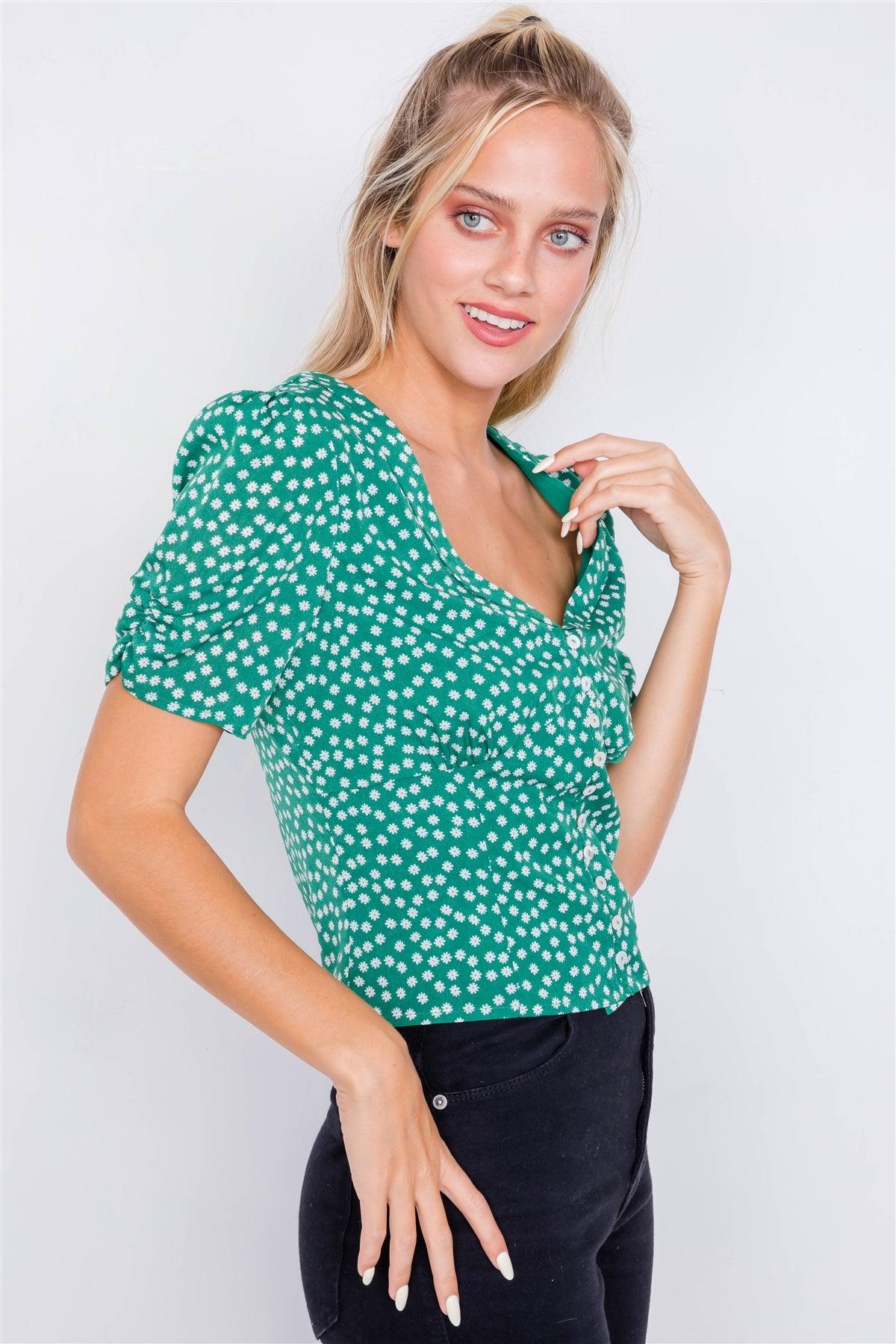 Green White Floral Chic Short Cinched Sleeve V-Neck Top  /3-2-1