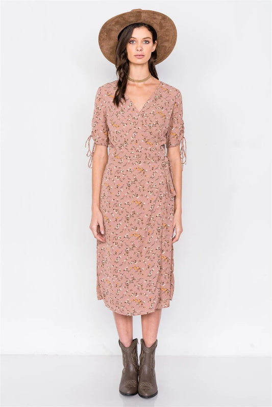 Dusty Rose Boho Floral Print Midi Dress /3-2-1 - Tasha Apparel Wholesale