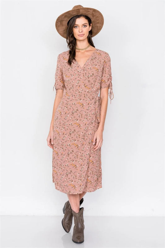 Dusty Rose Boho Floral Print Midi Dress /4-2 - Tasha Apparel Wholesale