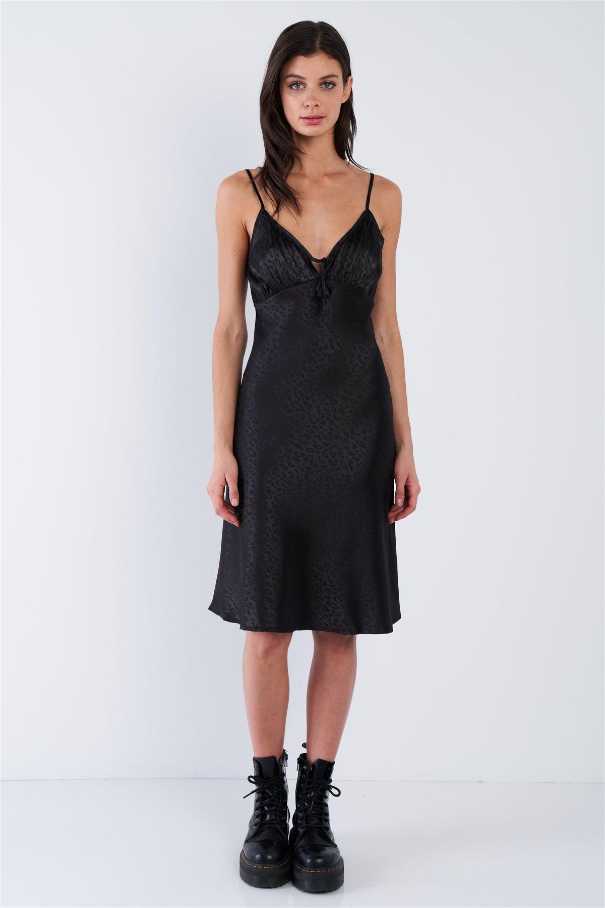 Black Animal Print Satin V-Neck Midi Dress /3-2-1