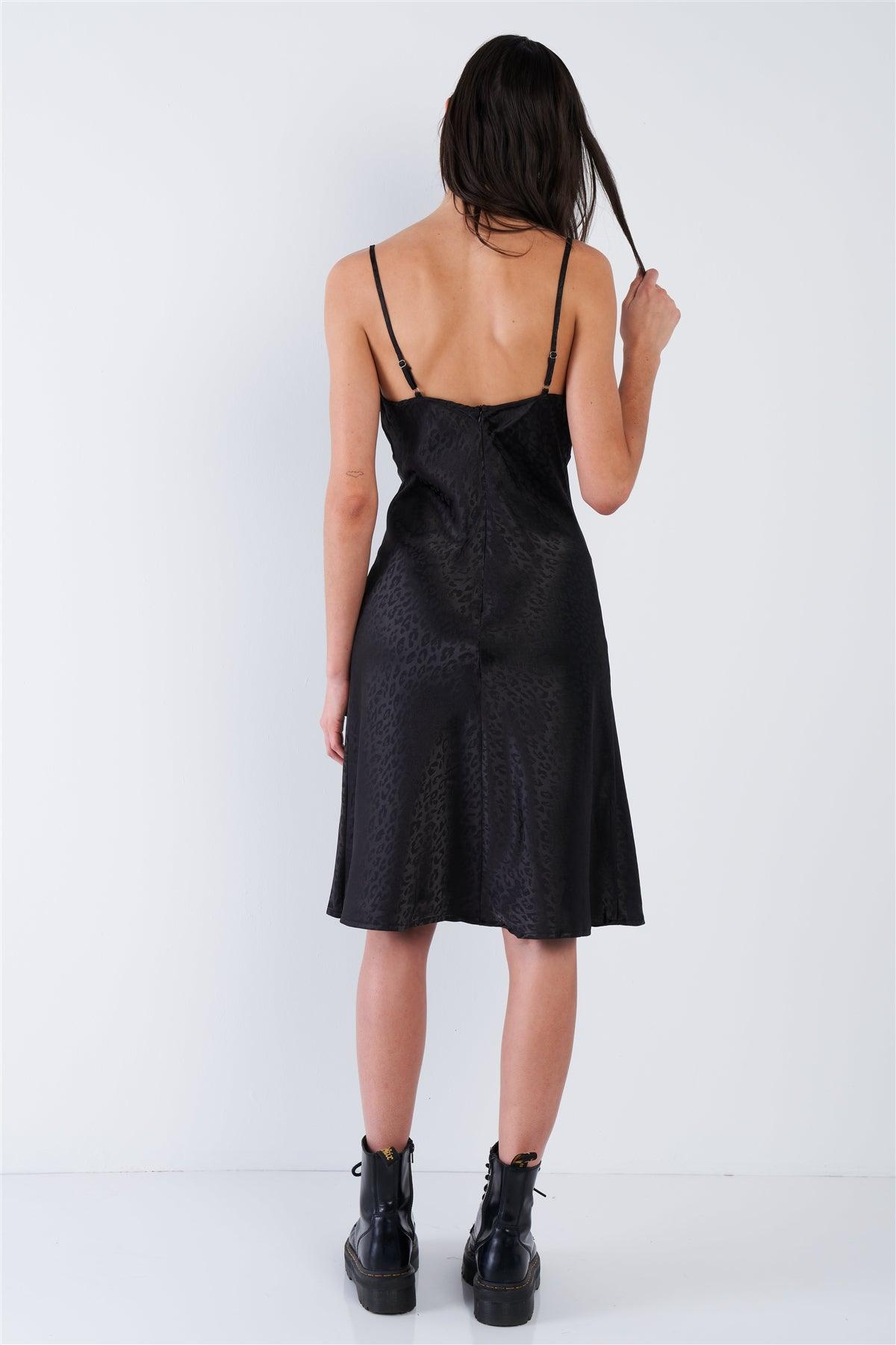 Black Animal Print Satin V-Neck Midi Dress /3-2-1
