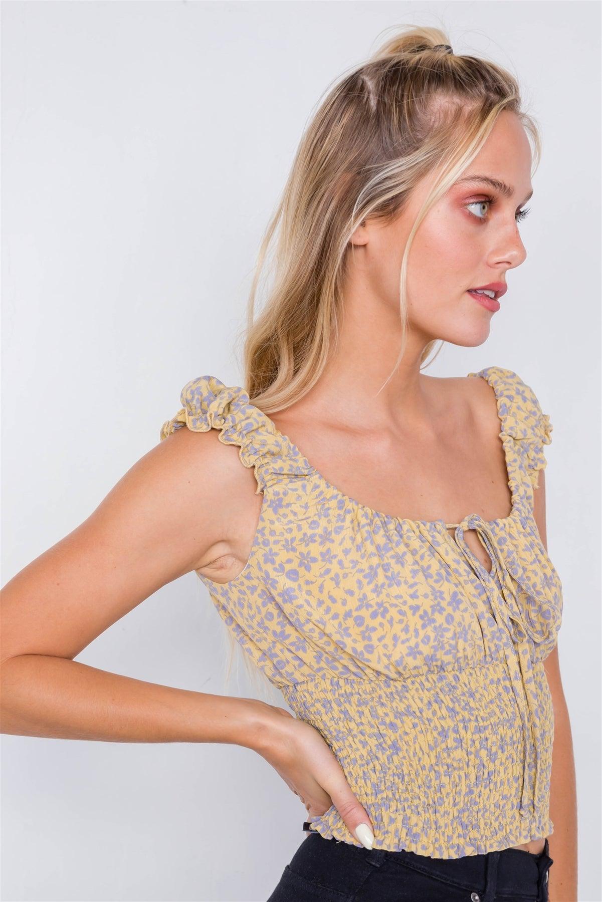 Yellow & Purple Mini Floral Boho Vintage Ruched Frill Cap Sleeve Crop Top/4-2-1