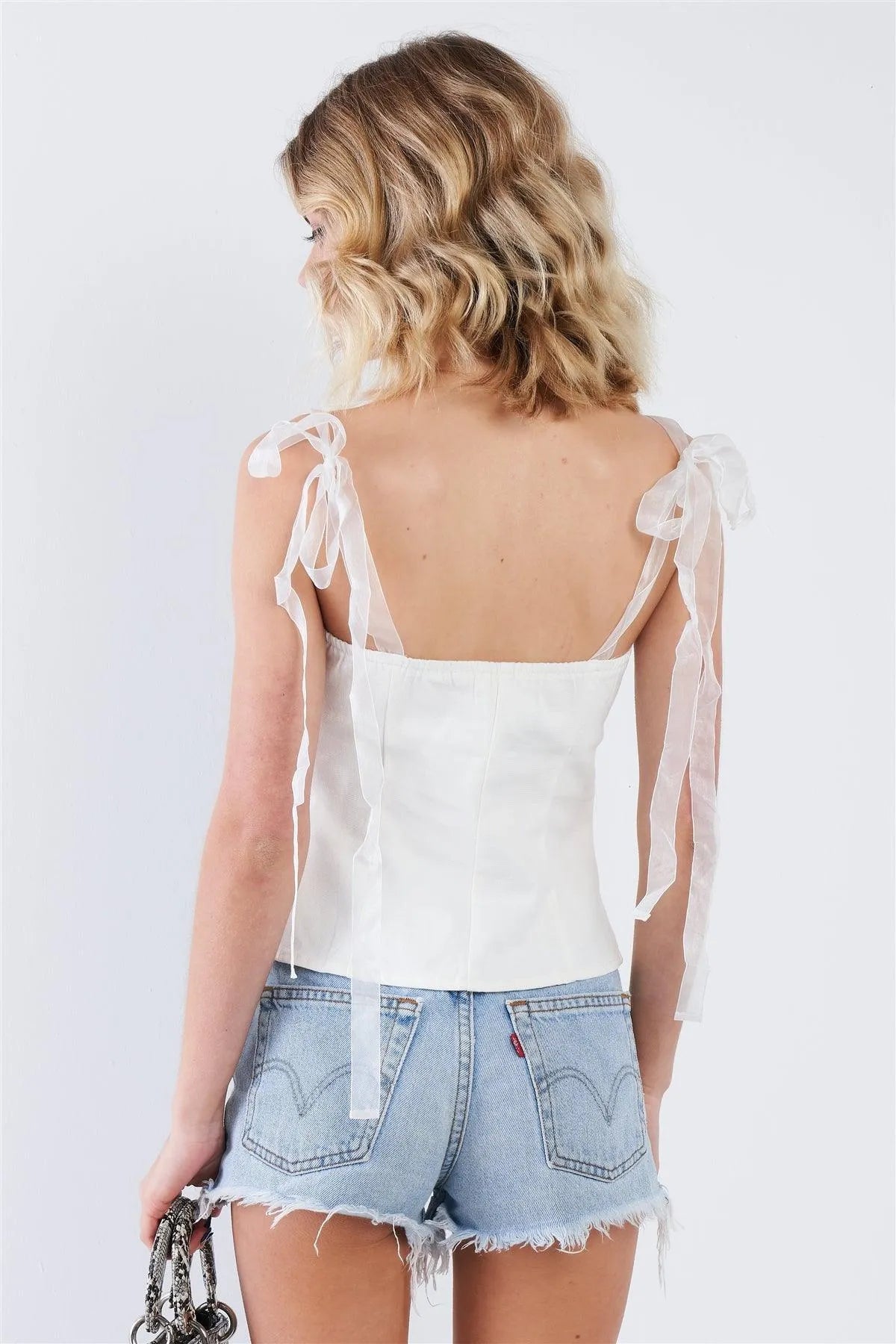 Off-White Sheer Self Tie Straps Sweetheart Neckline Crop Top /3-2-1 - Tasha Apparel Wholesale