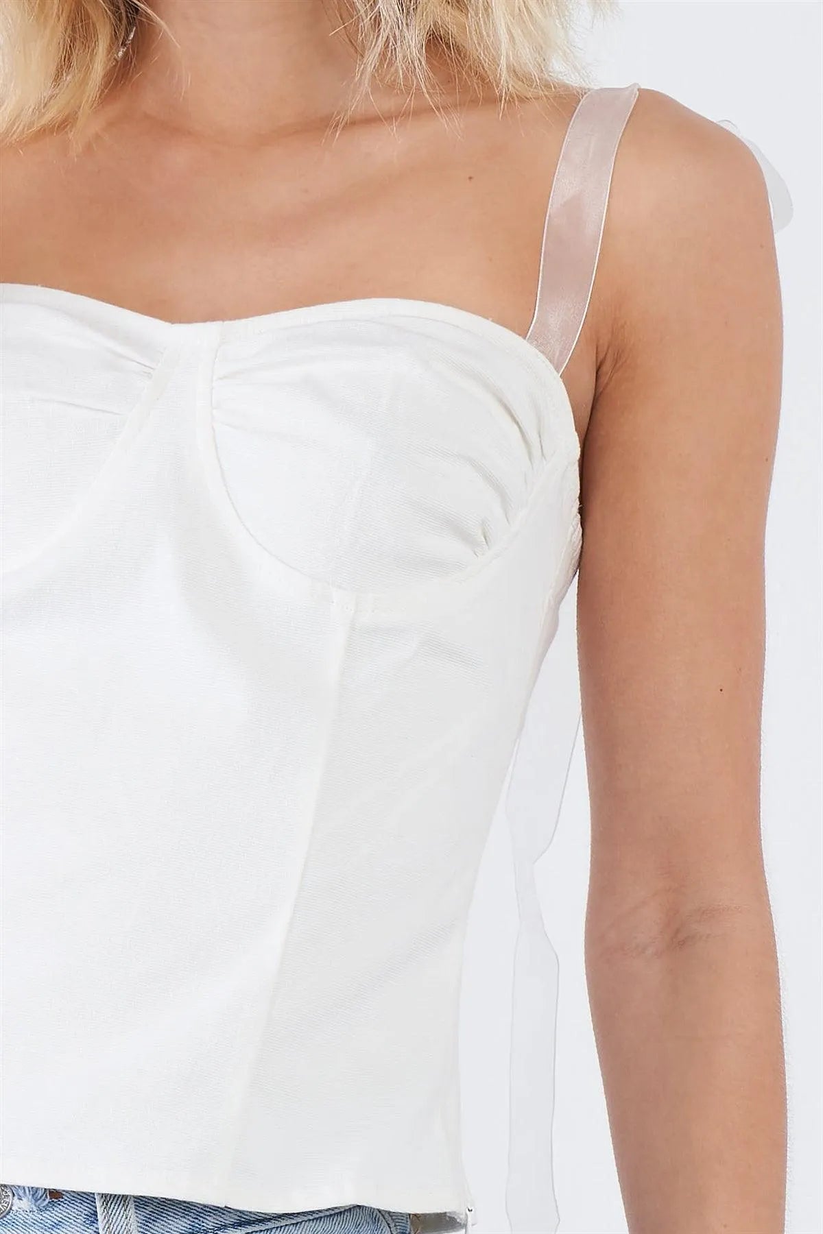 Off-White Sheer Self Tie Straps Sweetheart Neckline Crop Top /3-2-1 - Tasha Apparel Wholesale