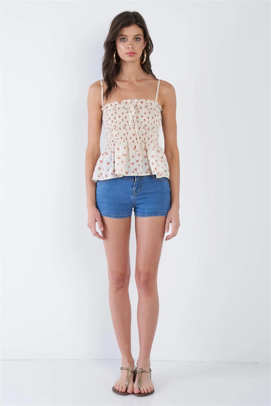 Cream Beige Boho Floral Square Neck Sheer Peplum Top /4-2-1 - Tasha Apparel Wholesale
