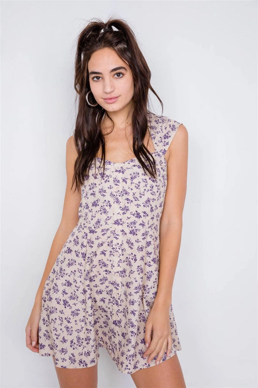 Ecru Purple Vintage Boho Print Mini Flare Skirt Semi-Sheer Dress /3-2-1 - Tasha Apparel Wholesale