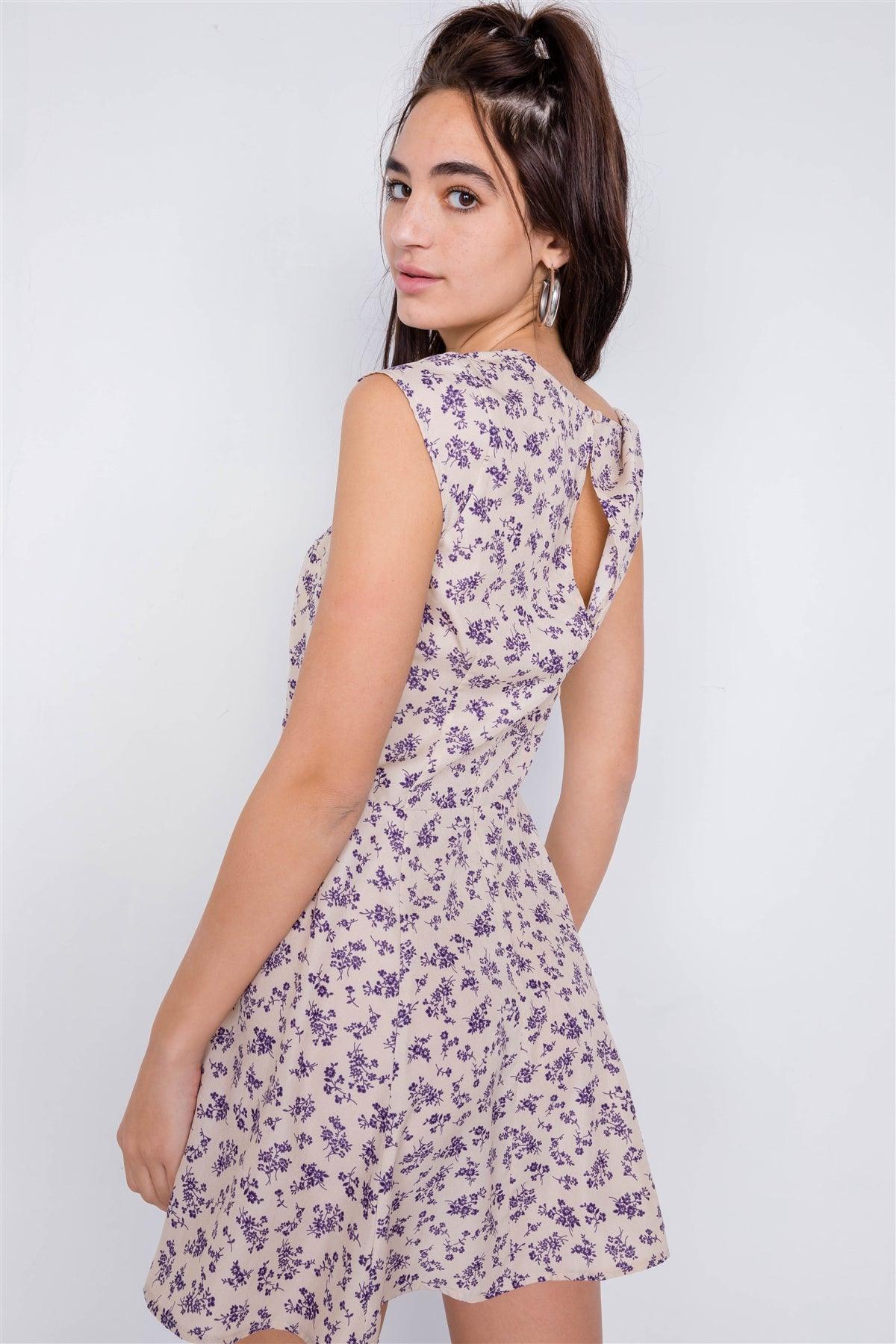 Ecru Purple Vintage Boho Print Mini Flare Skirt Semi-Sheer Dress /3-2-1