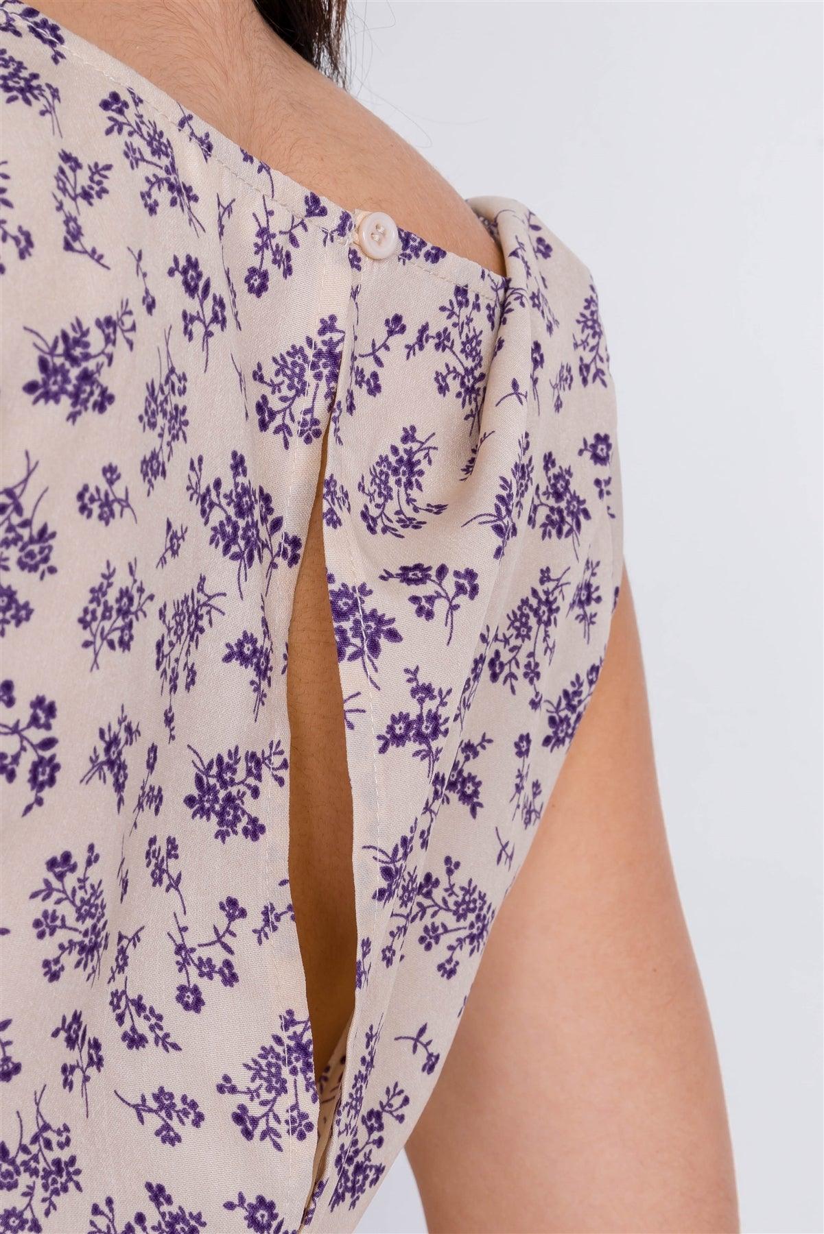 Ecru Purple Vintage Boho Print Mini Flare Skirt Semi-Sheer Dress /3-2-1
