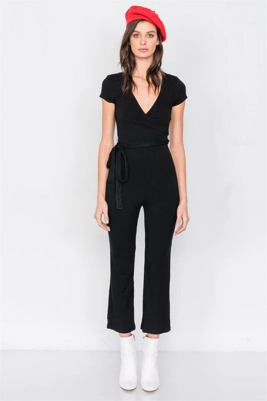 Black Ribbed Casual Maxi V-Neck Jumpsuit - Tasha Apparel Wholesale